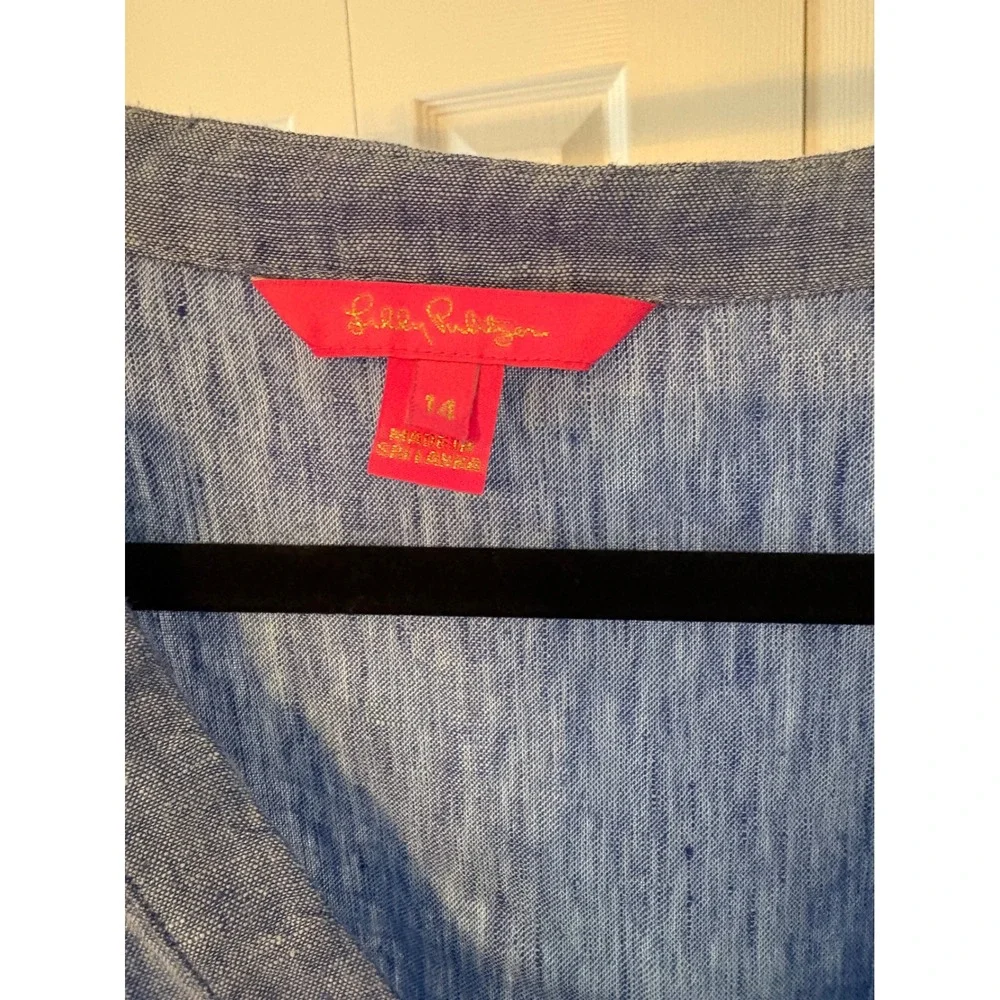 Lilly Pulitzer Blue 100%‎ Linen Tunic Blouse Puff Sleeve V-Neck Top Size 14